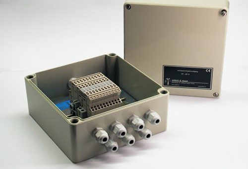 aluNORM enclosure assembled with cable glands, DIN rail, terminal blocks and a type label